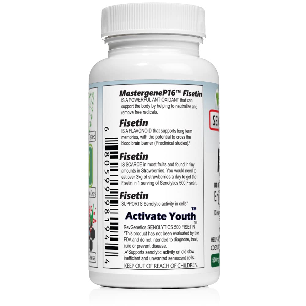 REVGENETICS Senolytics 500 label front with 500 mg per serving.