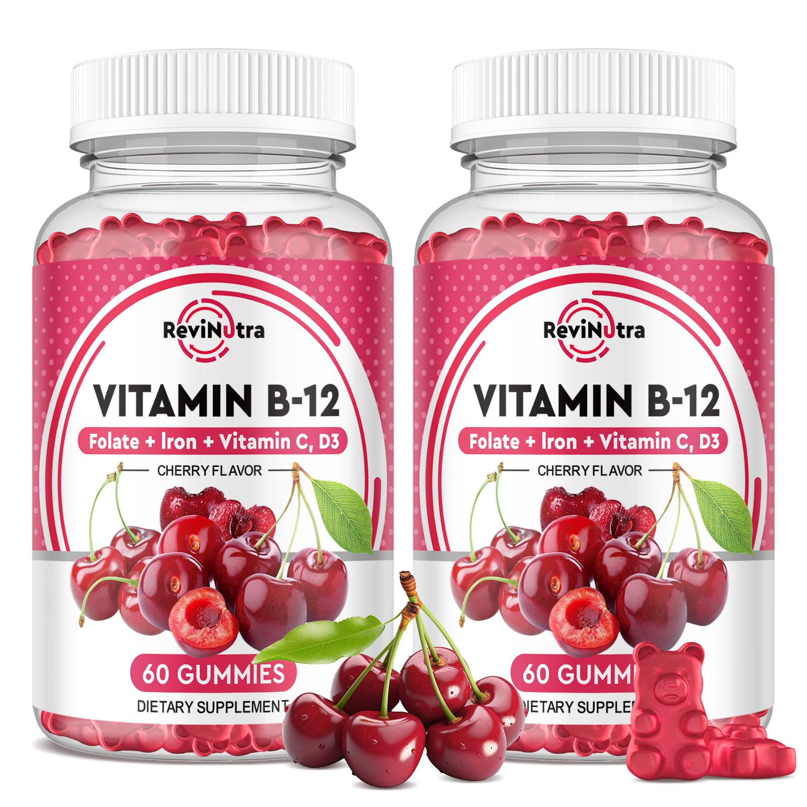 ReviNutra B12 Gummies bottle front highlights 5000 mcg potency and cherry flavor