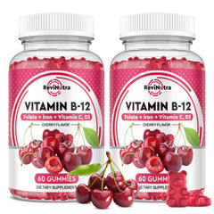 ReviNutra B12 Gummies bottle front highlights 5000 mcg potency and cherry flavor