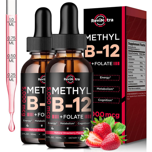 ReviNutra B12 liquid drops bottle front showing vegan formula for energy support