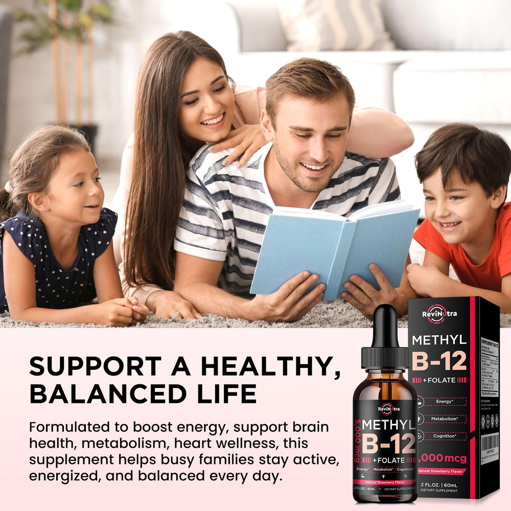 ReviNutra B12 drops with strawberry aroma and quick-use presentation