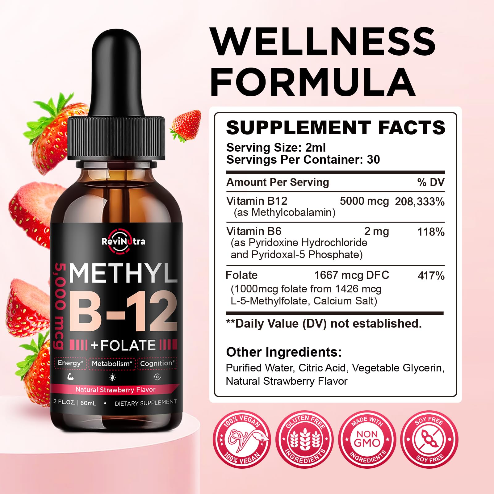 ReviNutra B12 liquid drops vegan formula information label