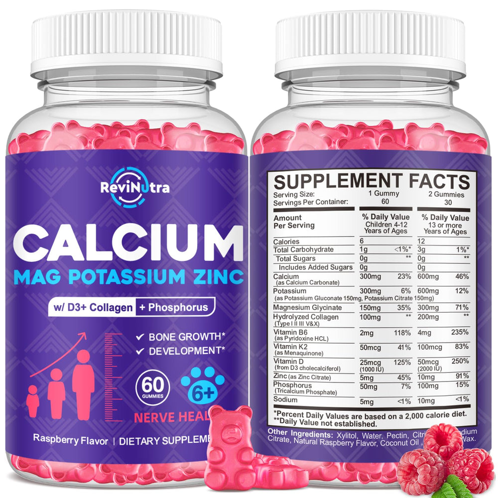 ReviNutra calcium magnesium gummies raspberry bottle front for bone support