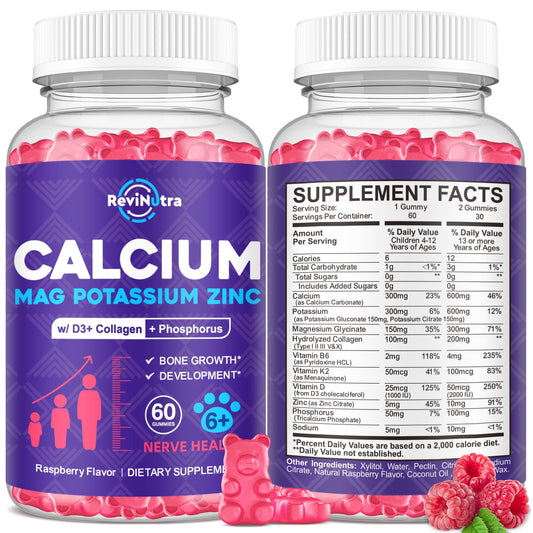 ReviNutra calcium magnesium gummies raspberry bottle front for bone support