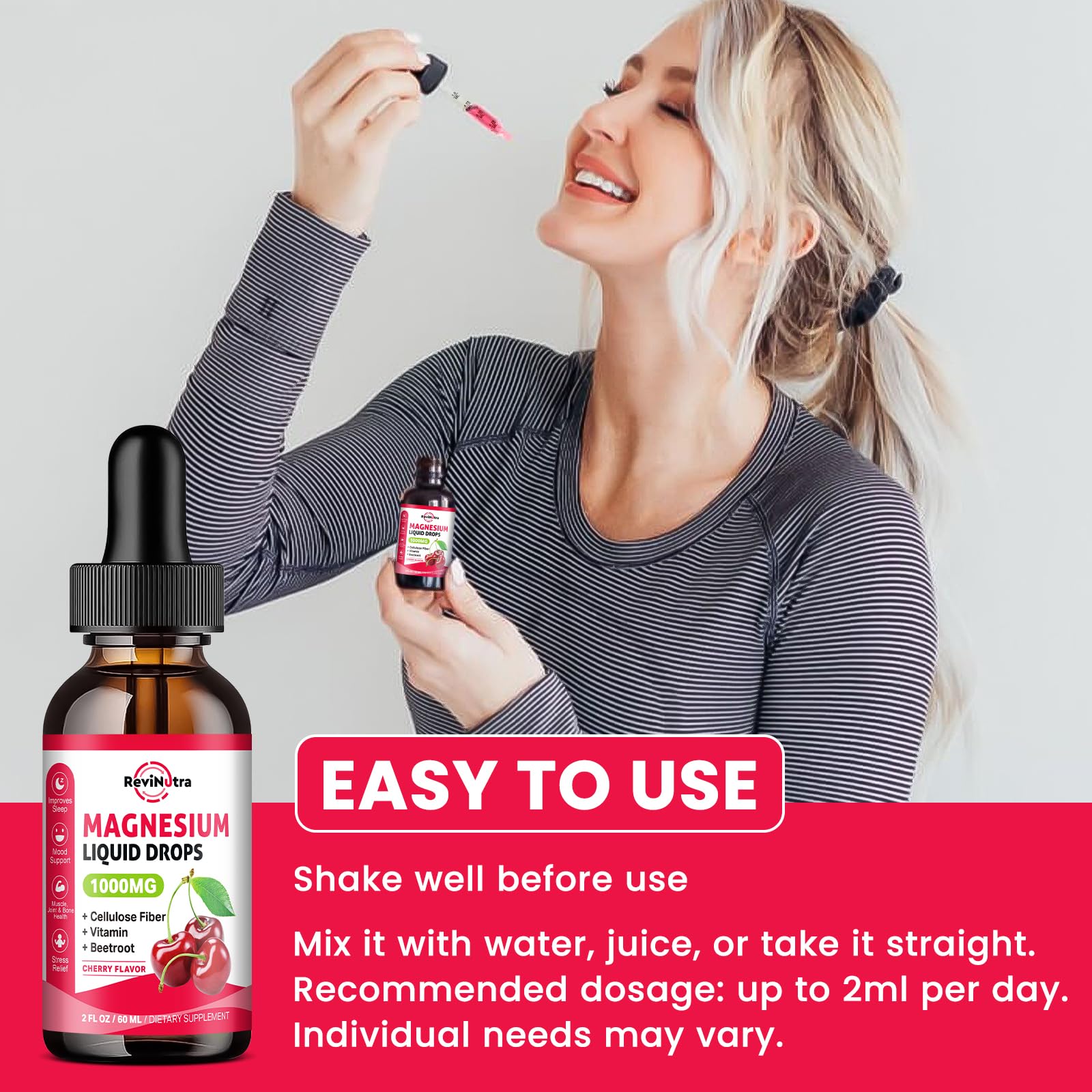 ReviNutra ingredients and label highlighting the blend and vitamins.