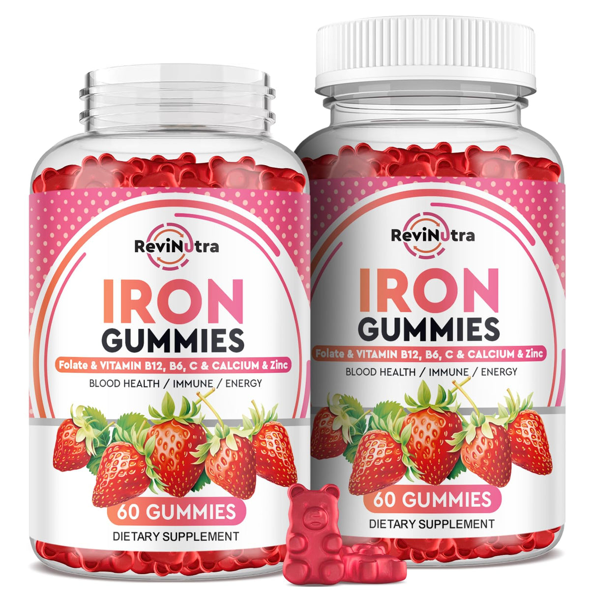 ReviNutra Iron Gummies bottle front shows strawberry flavor for daily energy support.