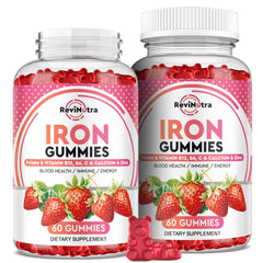 ReviNutra Iron Gummies bottle front shows strawberry flavor for daily energy support.