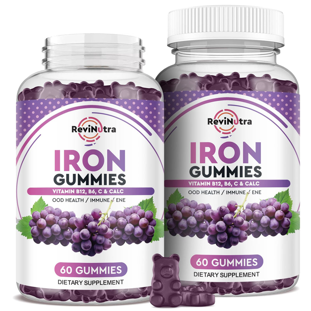 ReviNutra Iron Gummies grape bottle shows a tasty energy-support supplement.