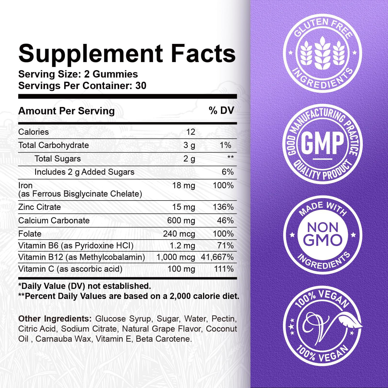 ReviNutra Iron Gummies grape jar closeup highlights easy-to-chew iron plus vitamin C.