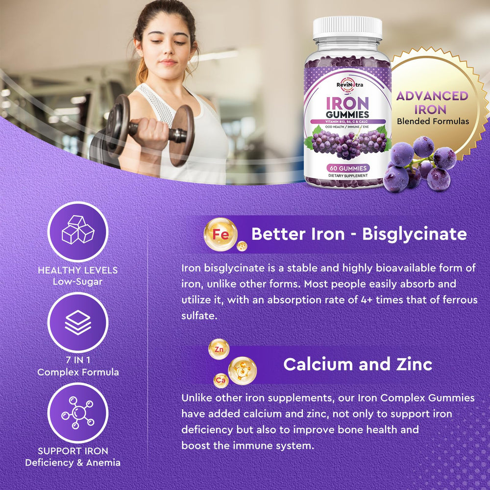 ReviNutra Iron Gummies grape packaging highlights family-friendly daily iron support.