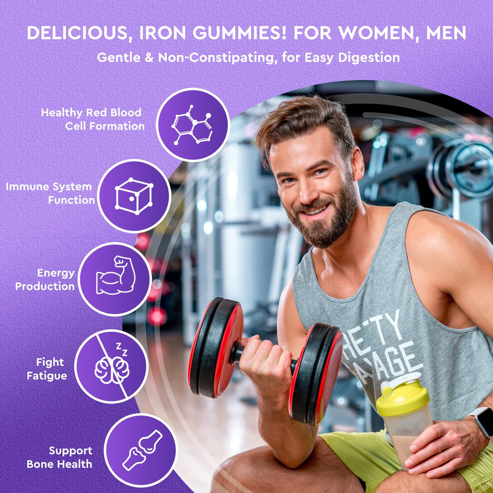 ReviNutra Iron Gummies grape serving demonstrates convenient daily iron boost for adults.