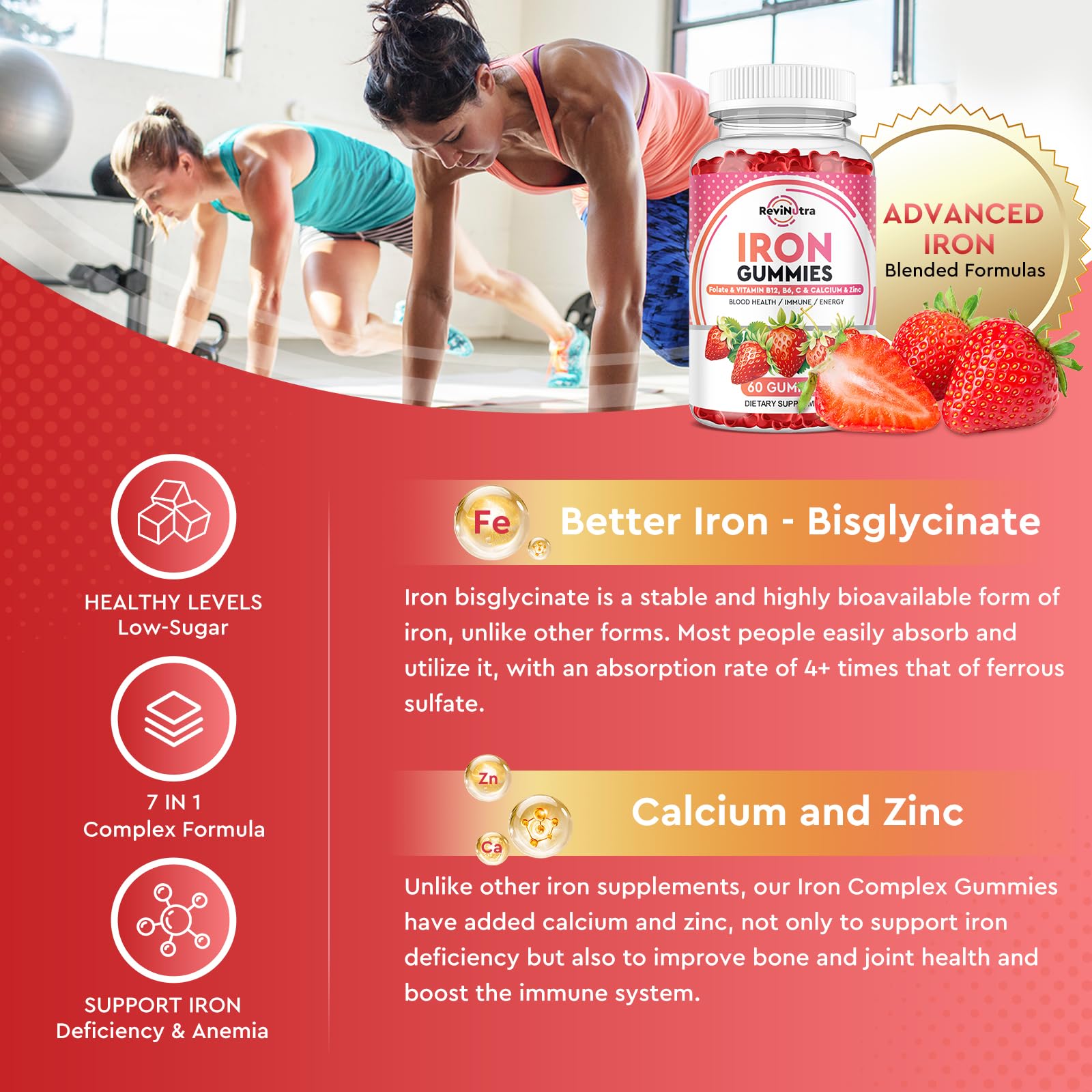 ReviNutra Iron Gummies ingredients label notes chelated iron and vitamins.