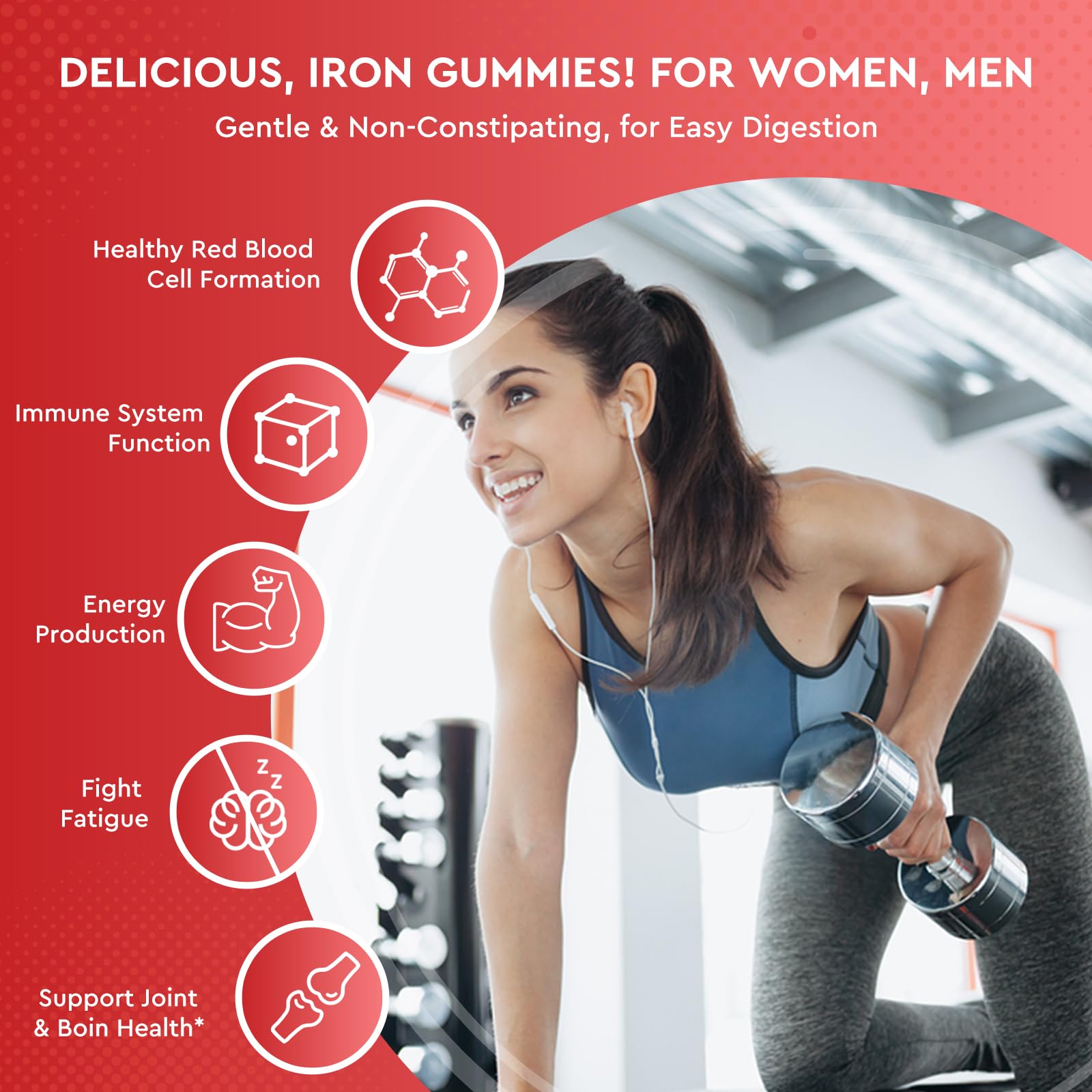 ReviNutra Iron Gummies strawberry flavor tub highlights chewable format.