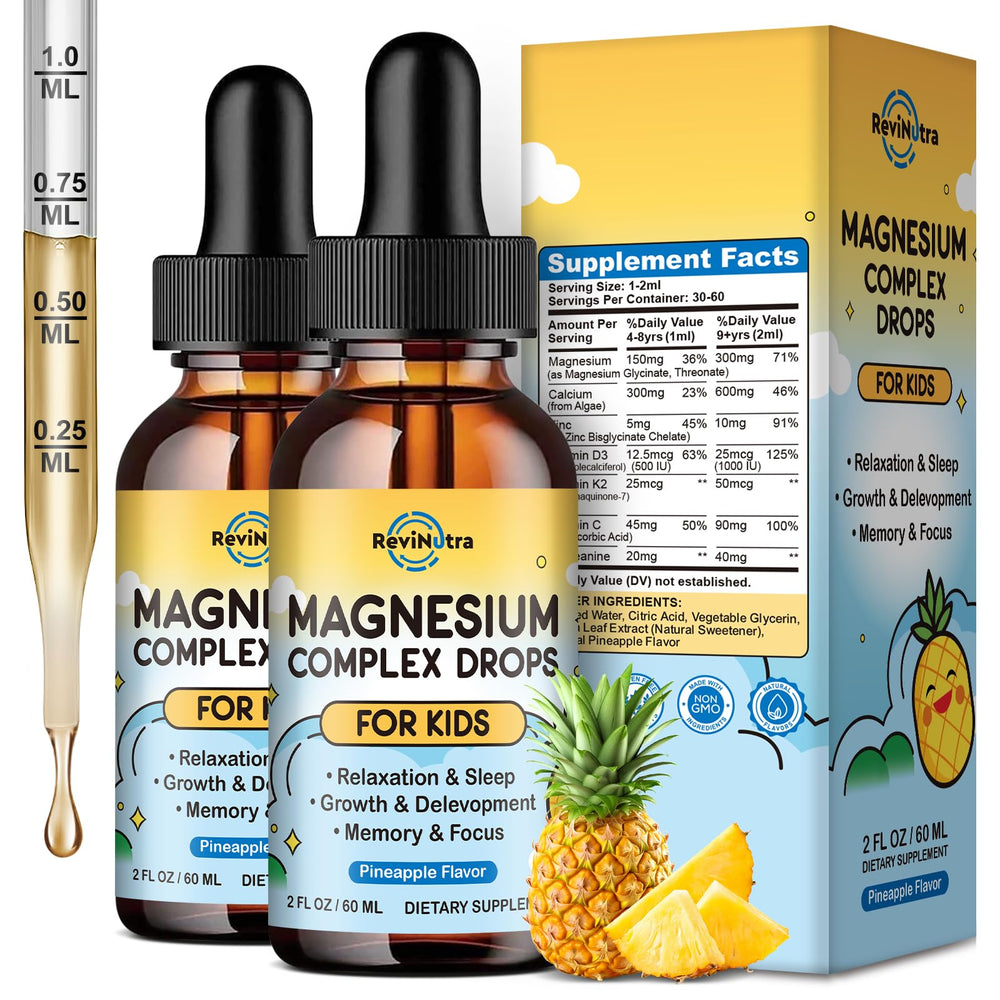 ReviNutra kids magnesium glycinate drops bottle showing pineapple flavor for calm evenings