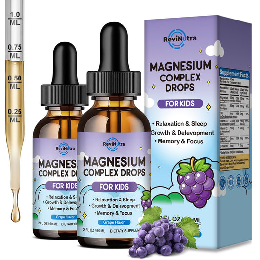 ReviNutra kid magnesium liquid bottle with grape flavor may support calm and sleep.