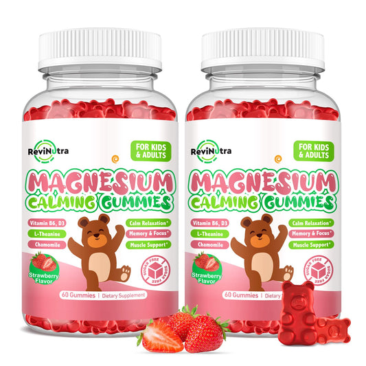 ReviNutra Kids Magnesium Gummies bottle with pour promoting calm and sleep support