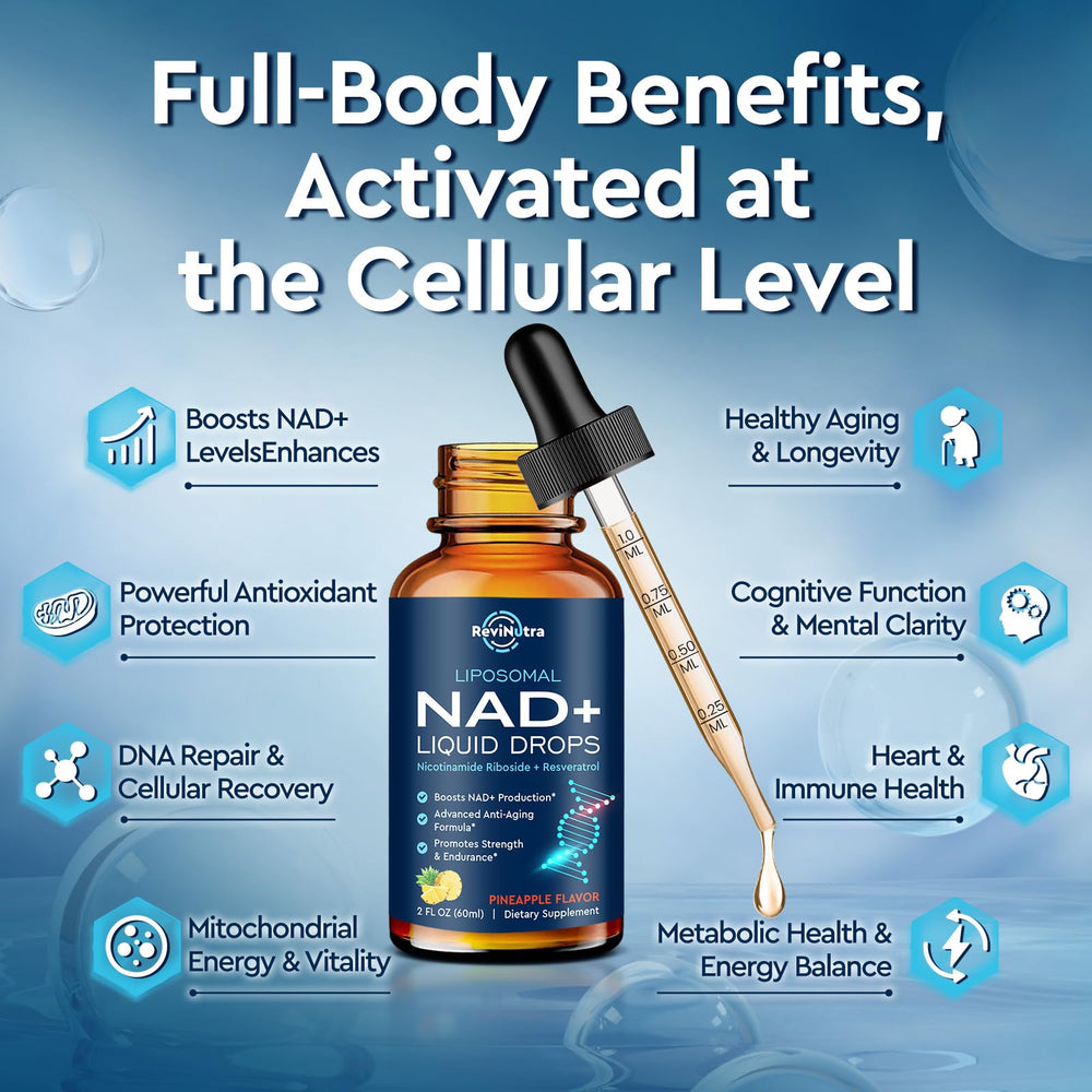 ReviNutra NAD drops being poured for quick absorption demonstration