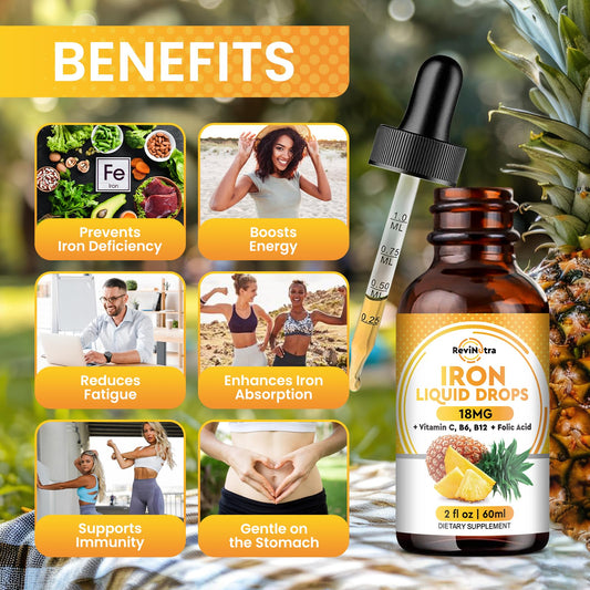 ReviNutra iron drops pineapple flavor close-up highlights a tasty nutrition option for all ages.
