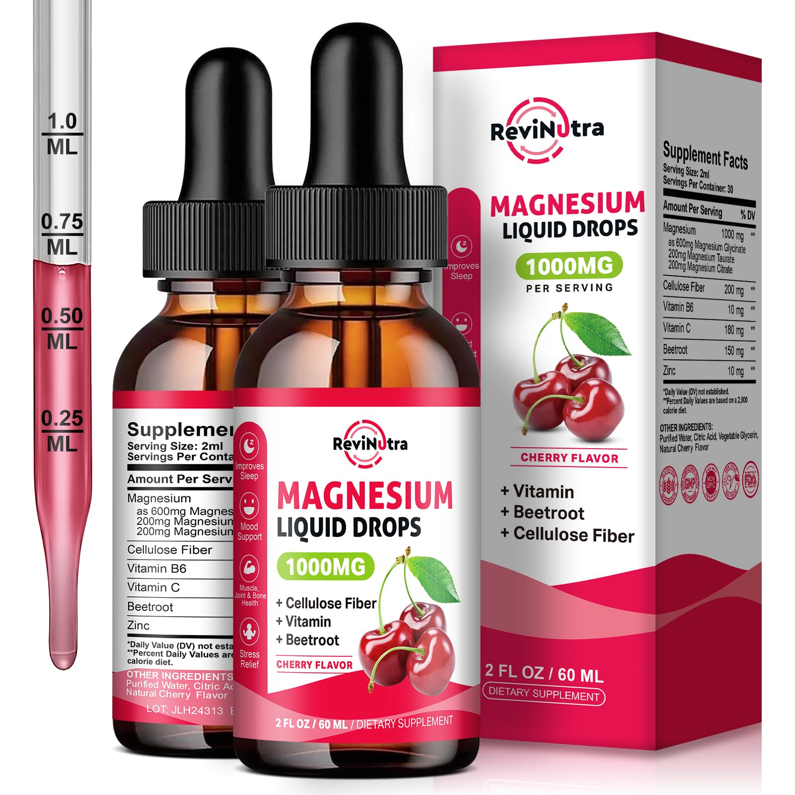 ReviNutra magnesium glycinate liquid drops bottle for easy daily supplementation.