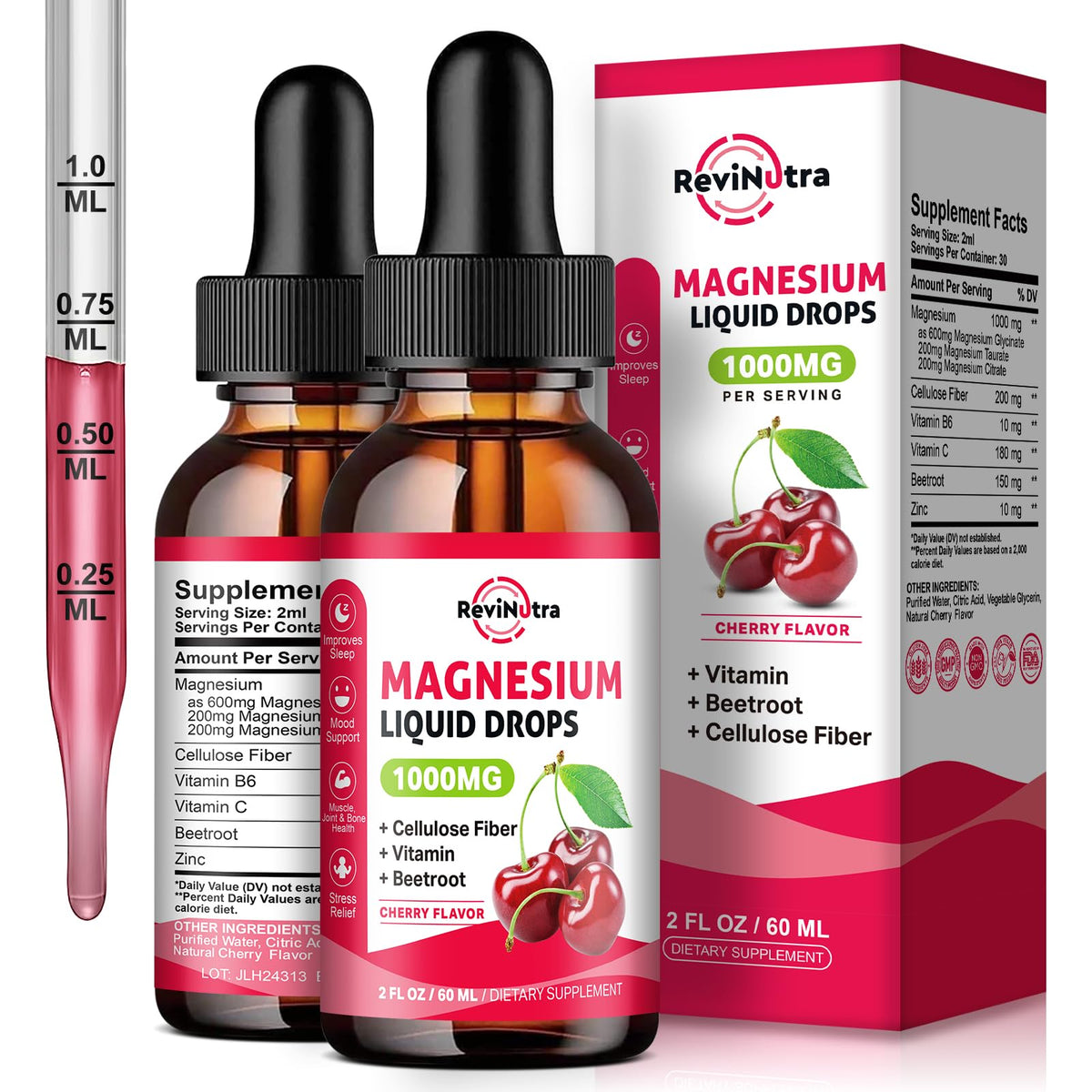 ReviNutra magnesium glycinate liquid drops bottle for easy daily supplementation.