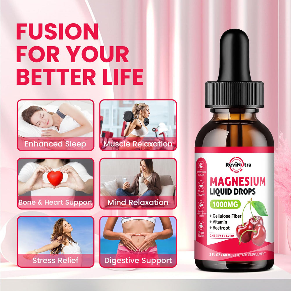 ReviNutra magnesium glycinate liquid drops pour demonstrates flexible dosing on the go.