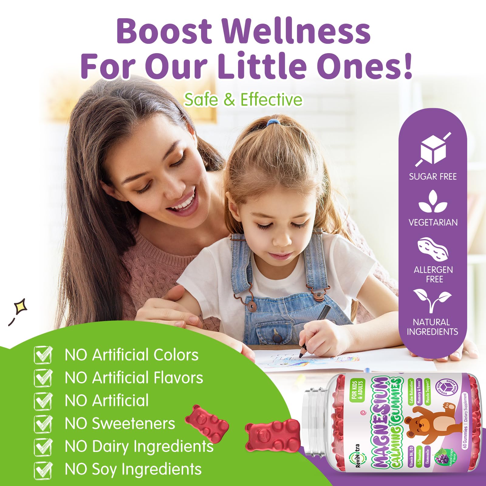  bottle label confirms vegan, non-GMO, gluten-free formula for ReviNutra gummies