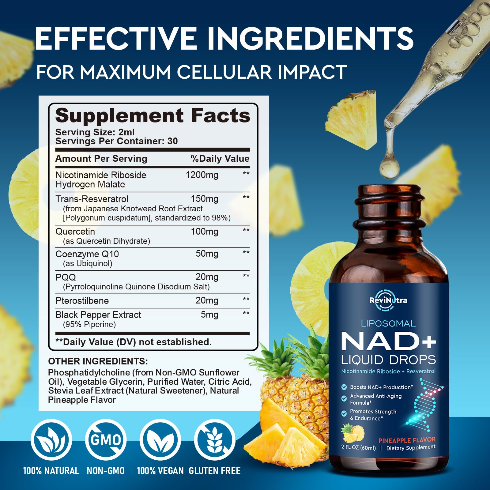 ReviNutra liposomal NAD label emphasizing 1200mg dosage