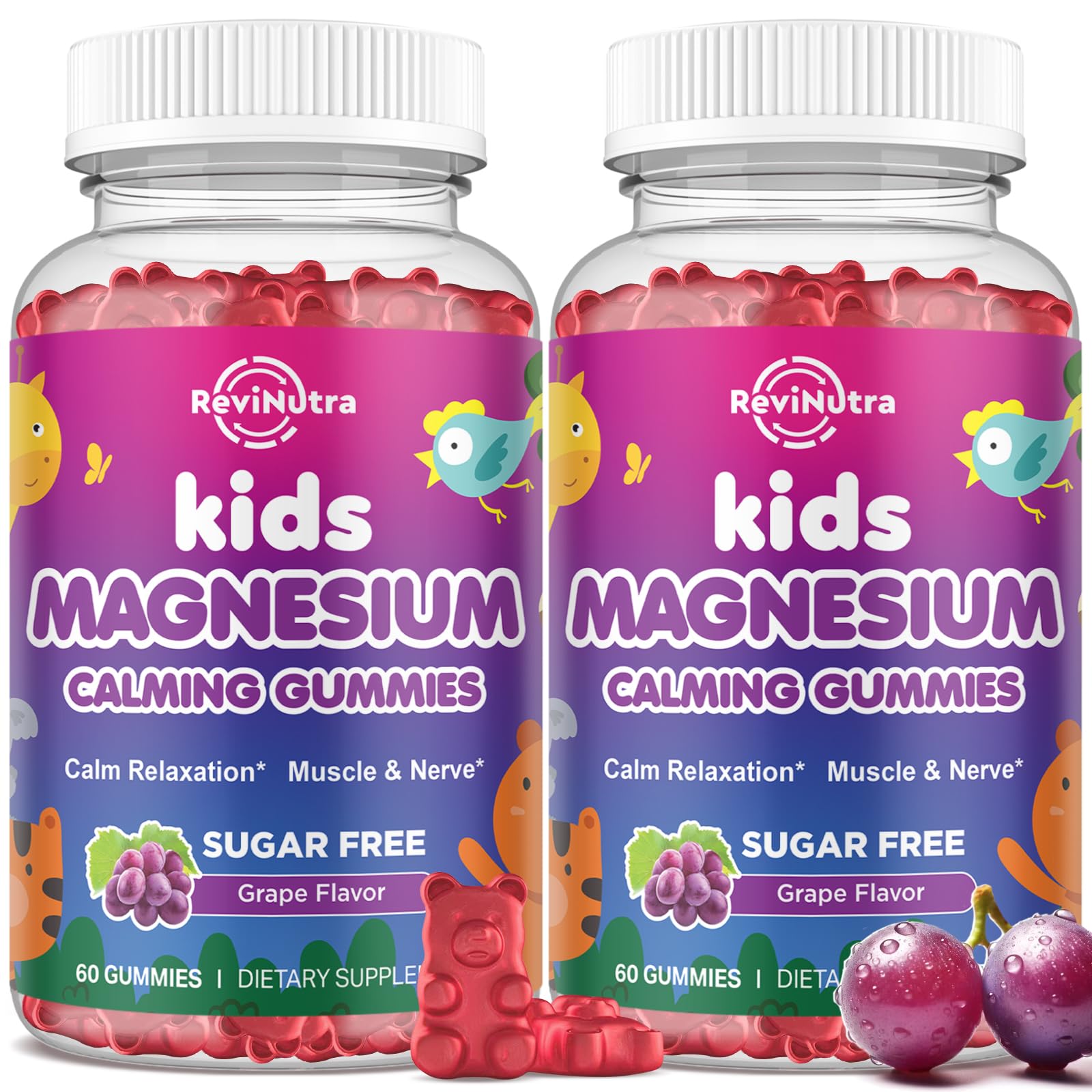 ReviNutra 2Pack Kids Magnesium Glycinate Gummies in grape flavor for daily calm and bone support.