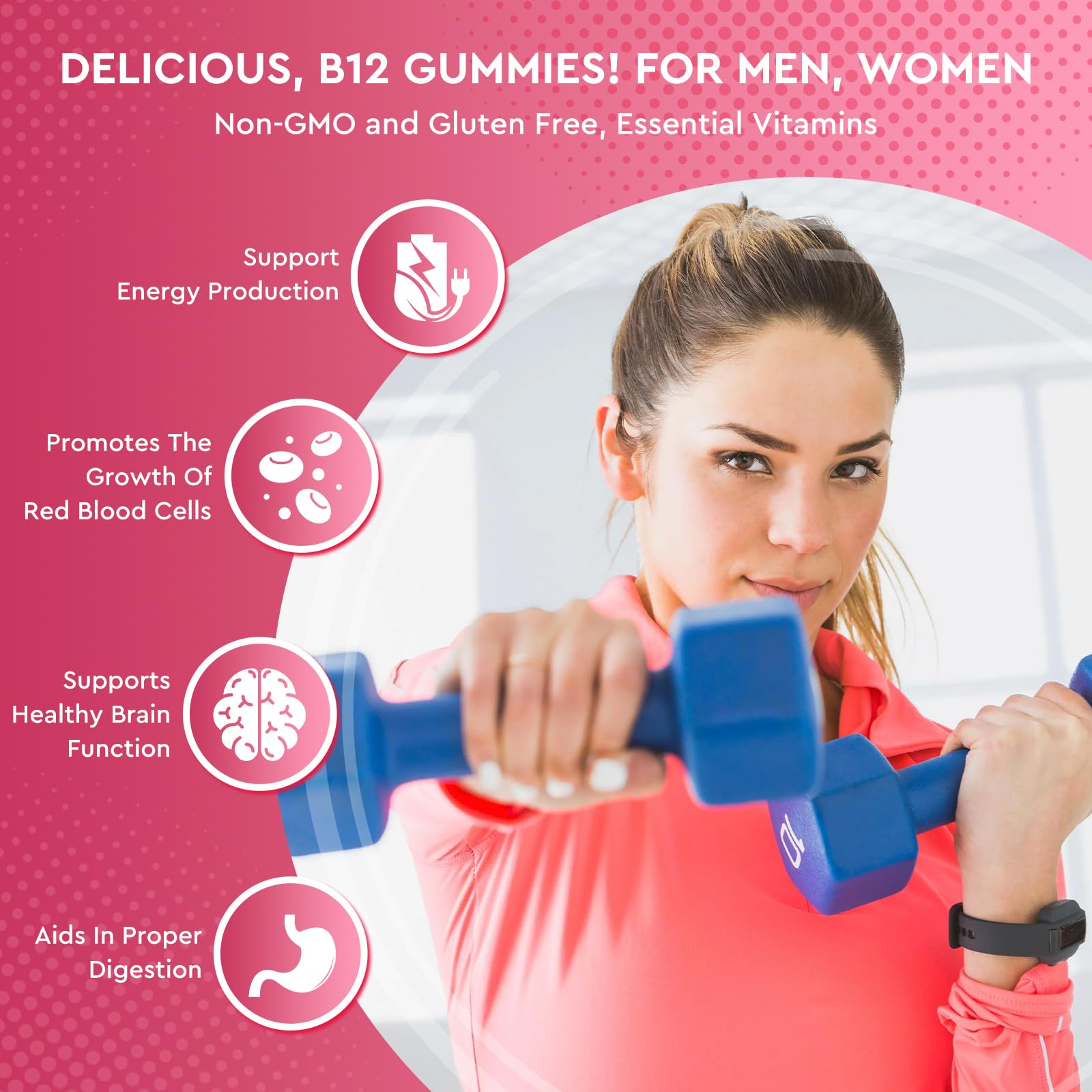 ReviNutra B12 Gummies chews closeup emphasizing chewy texture and strawberry flavor.