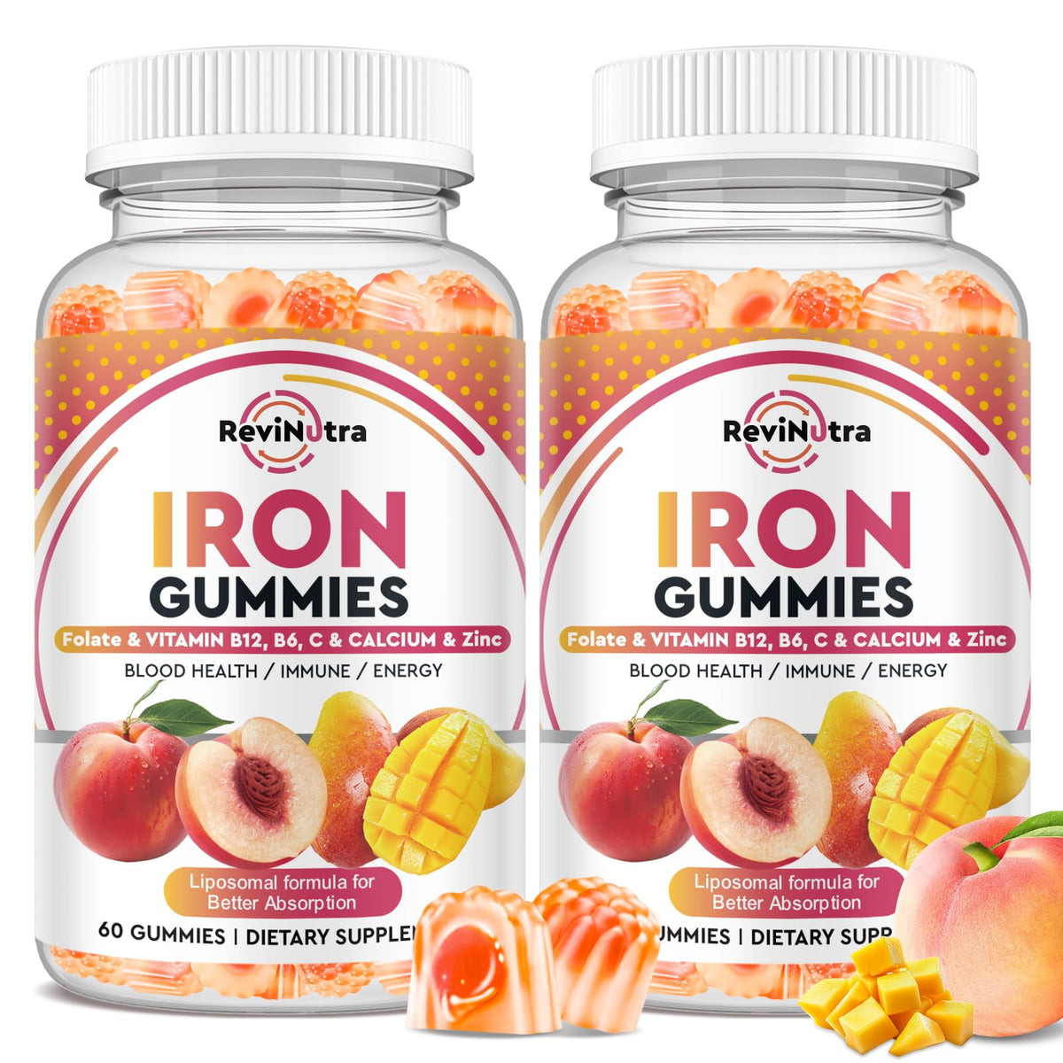 ReviNutra Iron Gummies peach-mango bottle boosts daily energy for the whole family.