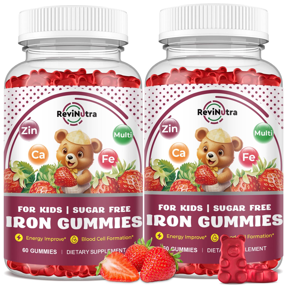 ReviNutra iron kids gummies bottle shows convenient daily iron support