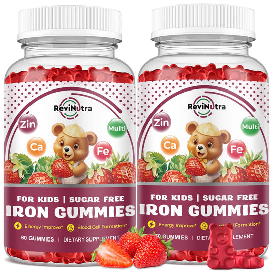 ReviNutra iron kids gummies bottle shows convenient daily iron support