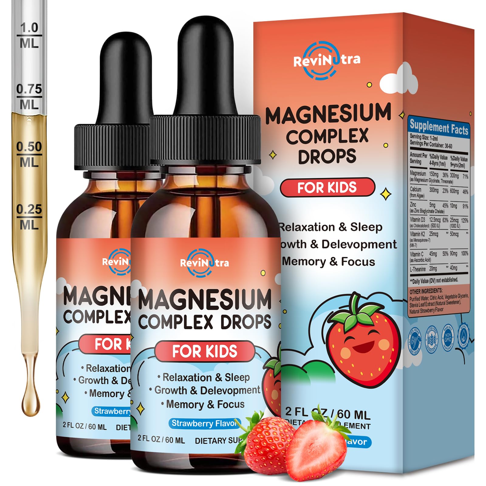 ReviNutra Kids Magnesium bottle label shows the strawberry formula for sleep and calm.