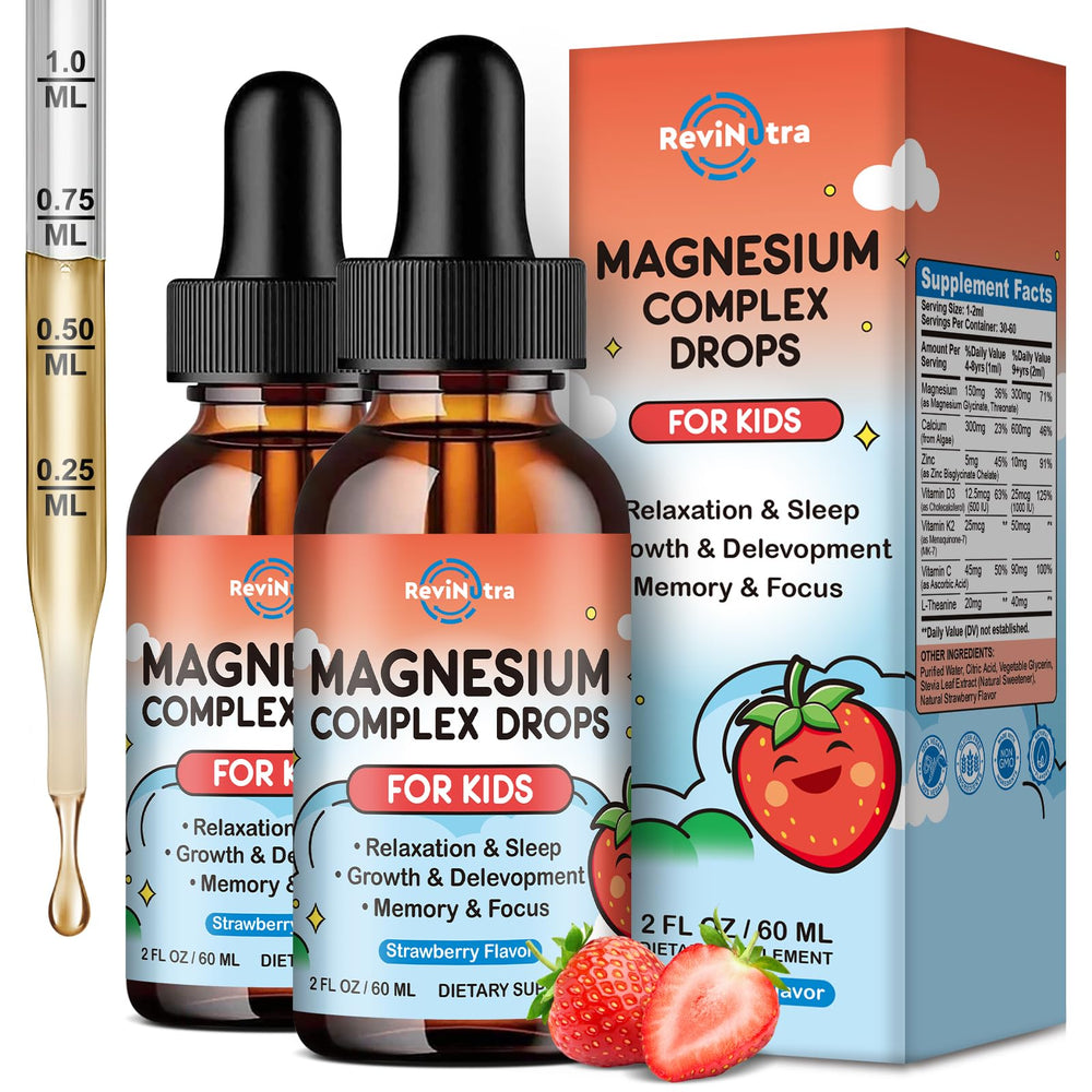 ReviNutra Kids Magnesium bottle label shows the strawberry formula for sleep and calm.