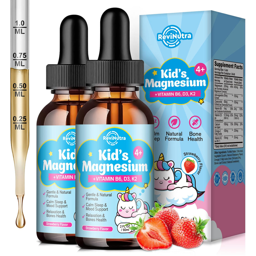 ReviNutra Kids Magnesium Drops strawberry bottle promotes gentle sleep support.