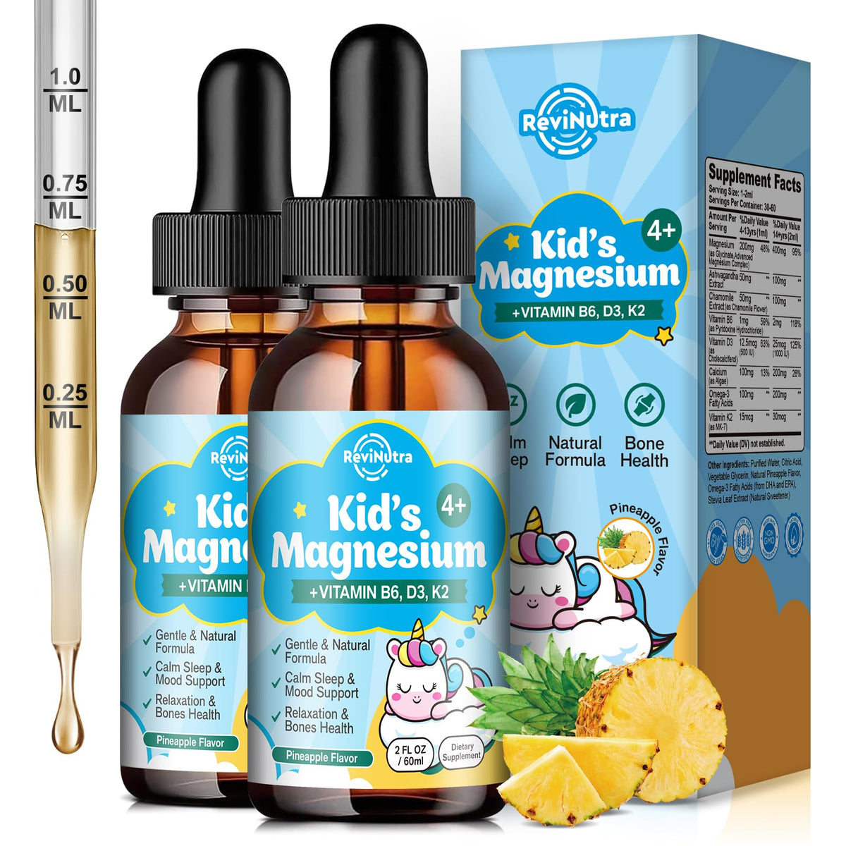 ReviNutra Kids magnesium glycinate liquid drops bottle for calm focus