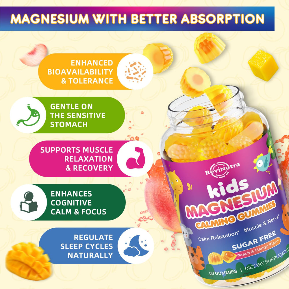 ReviNutra Kids Magnesium Gummies flavor peach mango highlights tasty, sugar-free taste