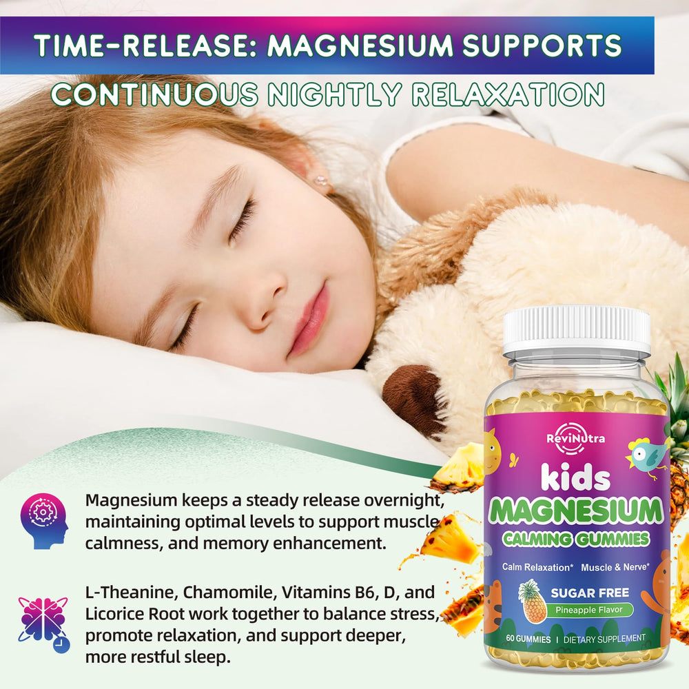 ReviNutra Kids magnesium gummies ingredients visualization featuring licorice, chamomile, and L-Theanine