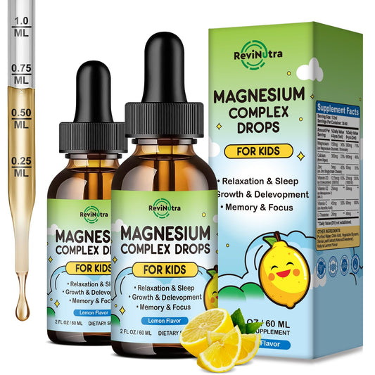 ReviNutra Kids Magnesium Liquid bottle on table supporting calm evenings
