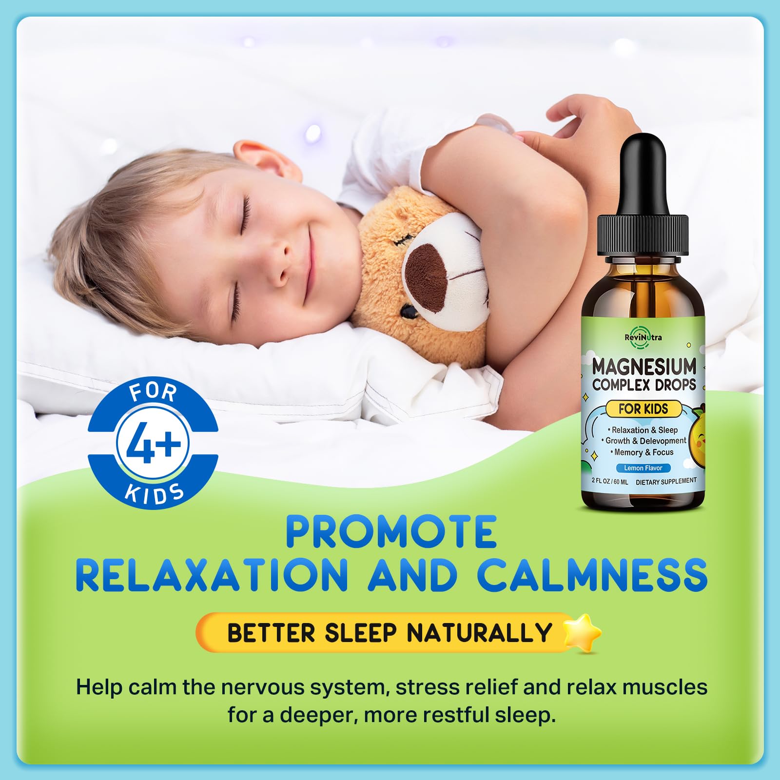 ReviNutra Kids Magnesium Liquid label closeup highlighting ingredients