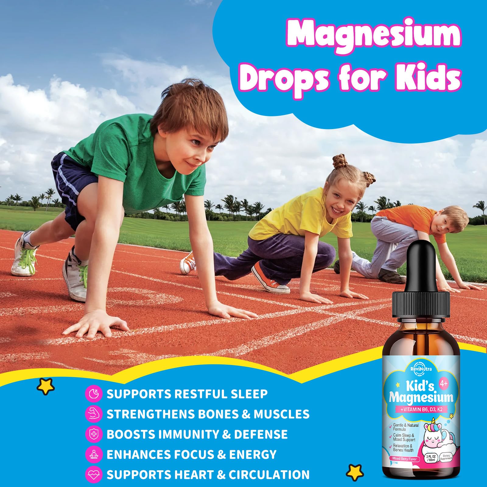 ReviNutra kids magnesium glycinate drops label detail with mixed berry flavor