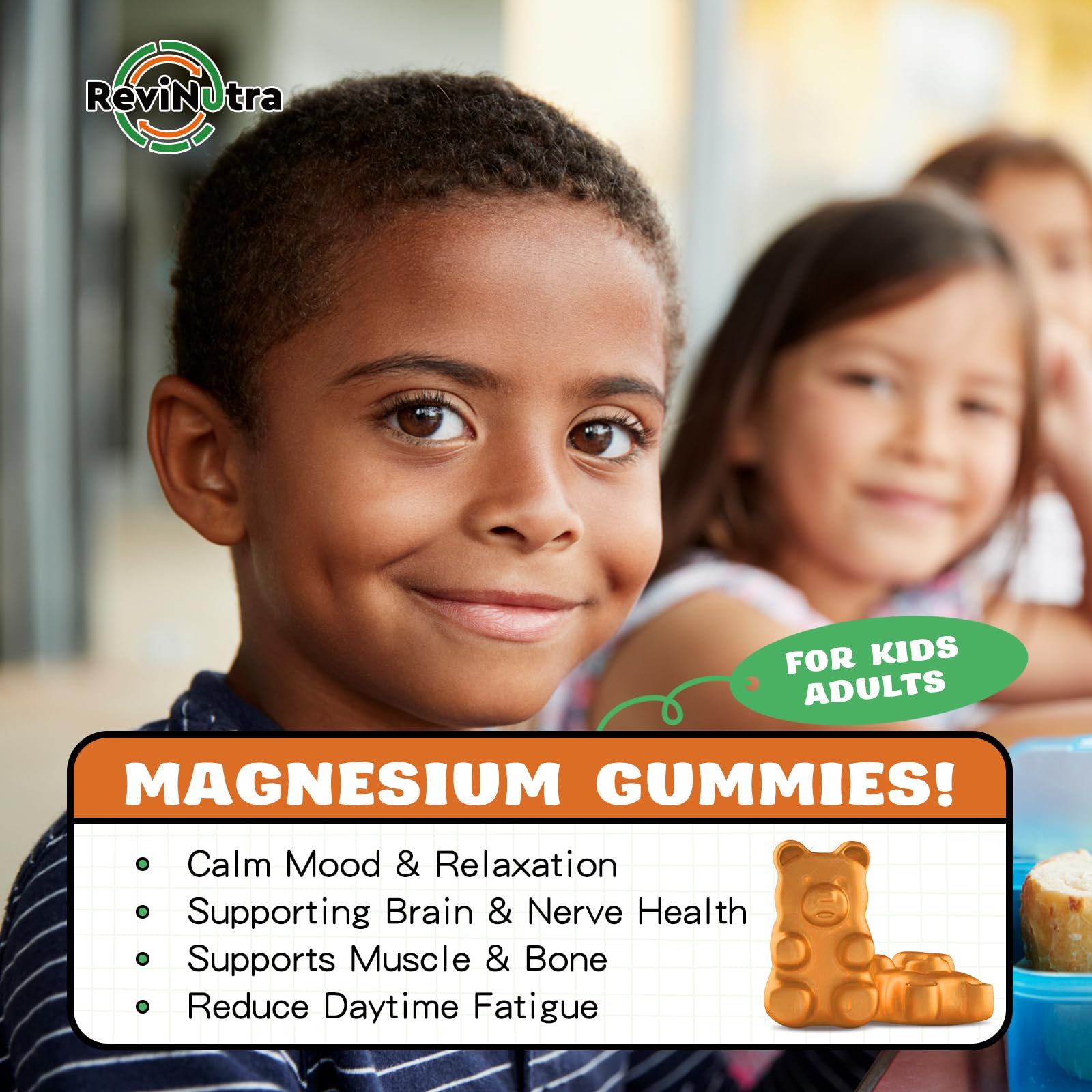 ReviNutra magnesium gummies for kids bottle with kid-friendly focus