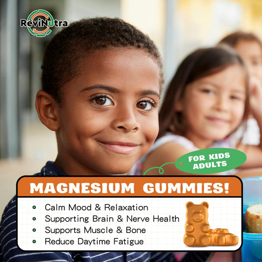 ReviNutra magnesium gummies for kids bottle with kid-friendly focus