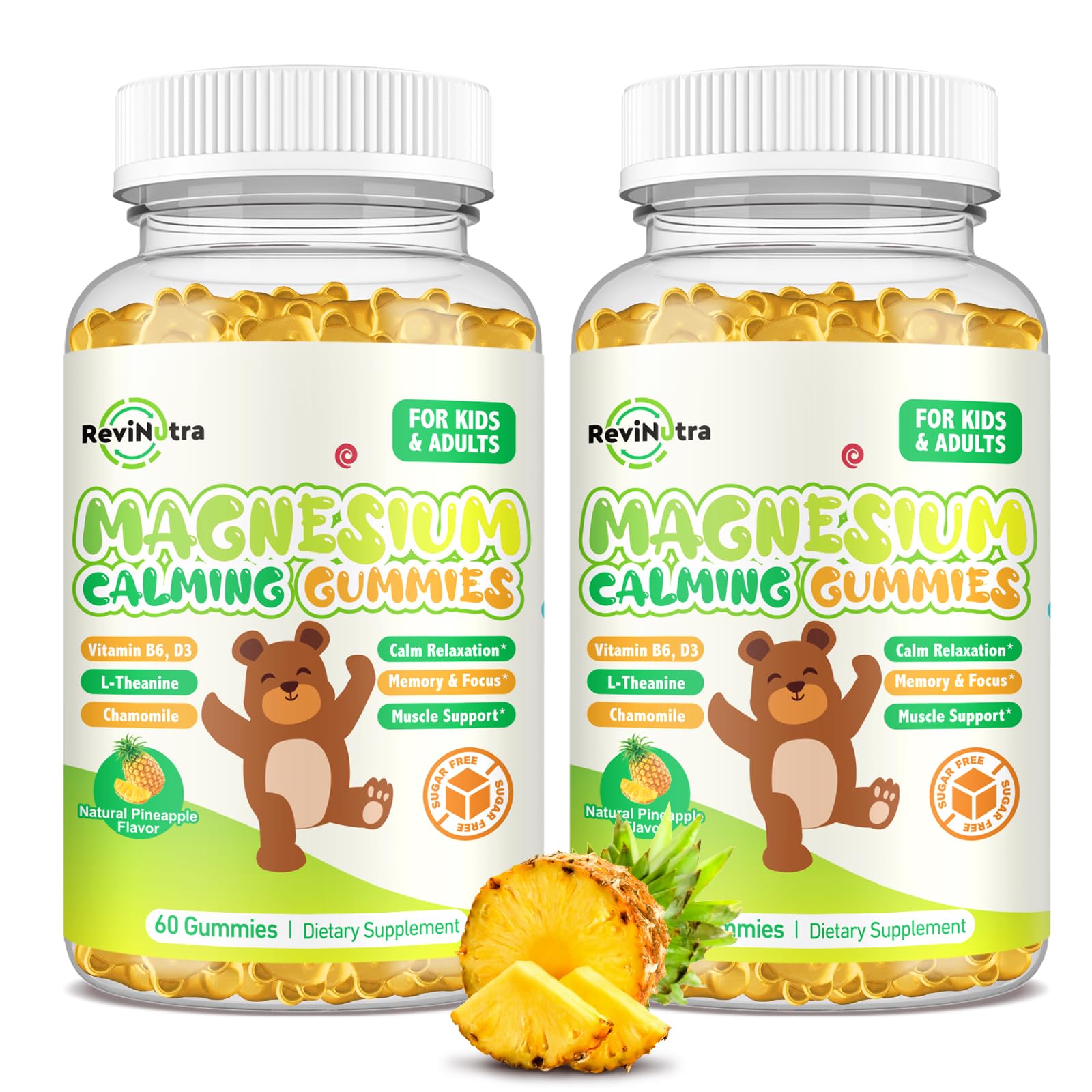 ReviNutra Kids Magnesium Gummies pineapple bottle promotes calm and restful sleep.