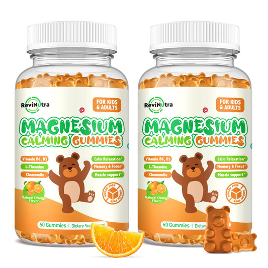 ReviNutra magnesium gummies orange bottle for daily calm and sleep support.