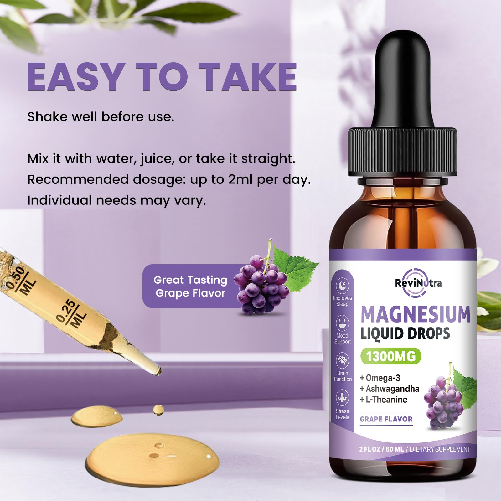 ReviNutra magnesium liquid drops bottle with measuring marks supports controlled servings.
