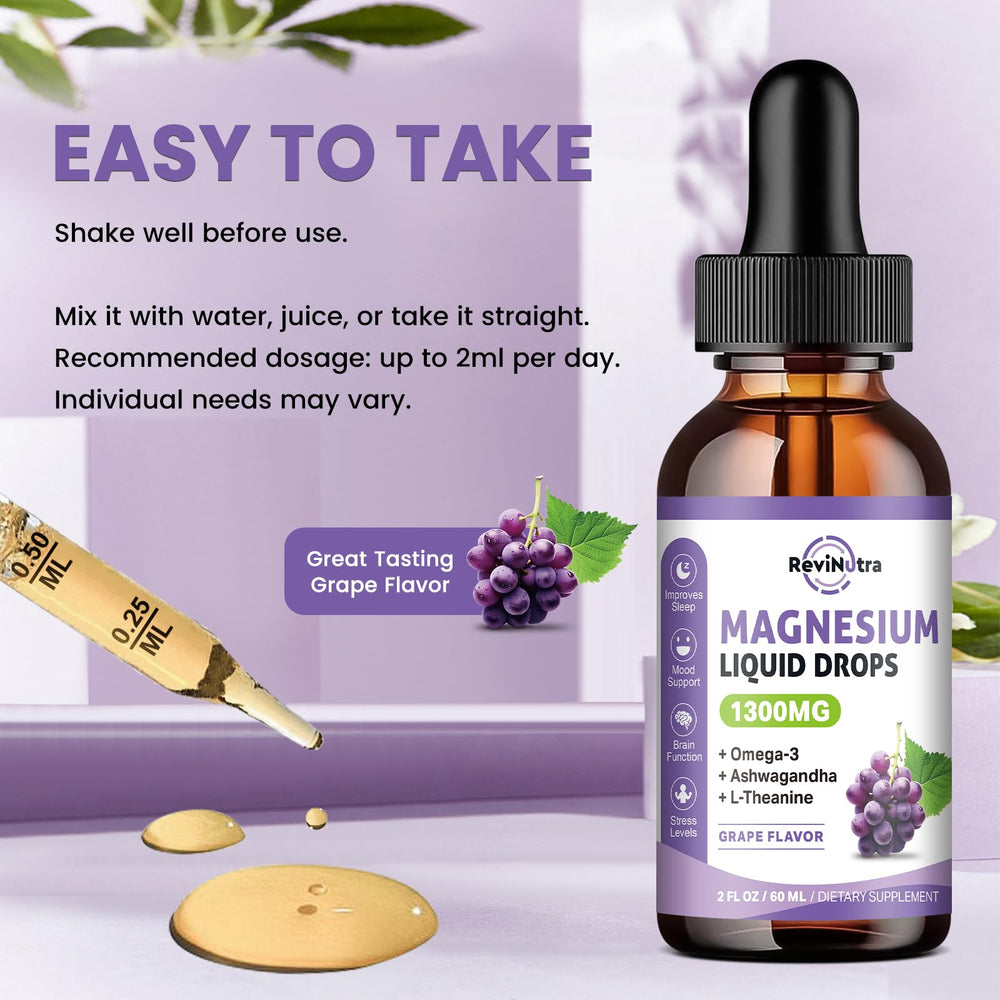 ReviNutra magnesium liquid drops bottle with measuring marks supports controlled servings.
