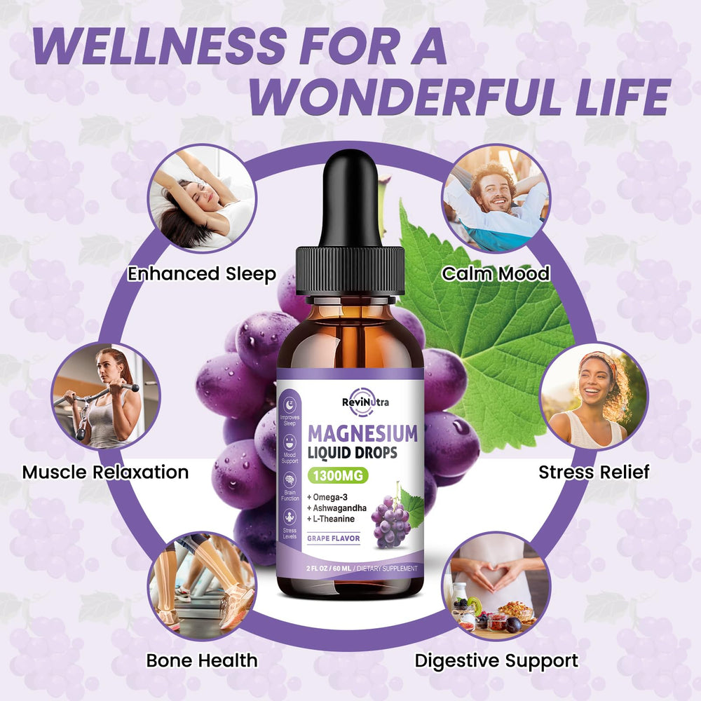 ReviNutra magnesium liquid drops pour demonstrates convenient dosing and quick absorption.