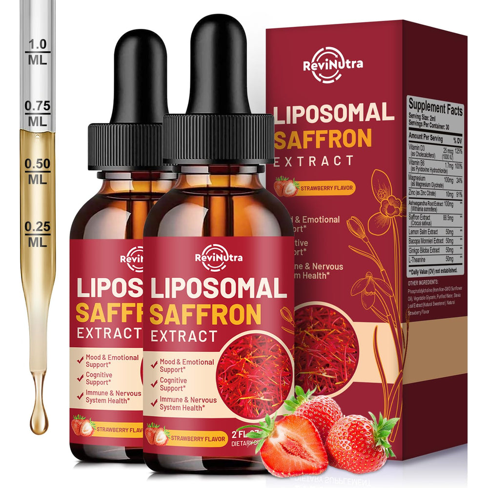 ReviNutra saffron liquid drop strawberry flavor pouring for quick absorption