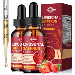 ReviNutra saffron liquid drop strawberry flavor pouring for quick absorption